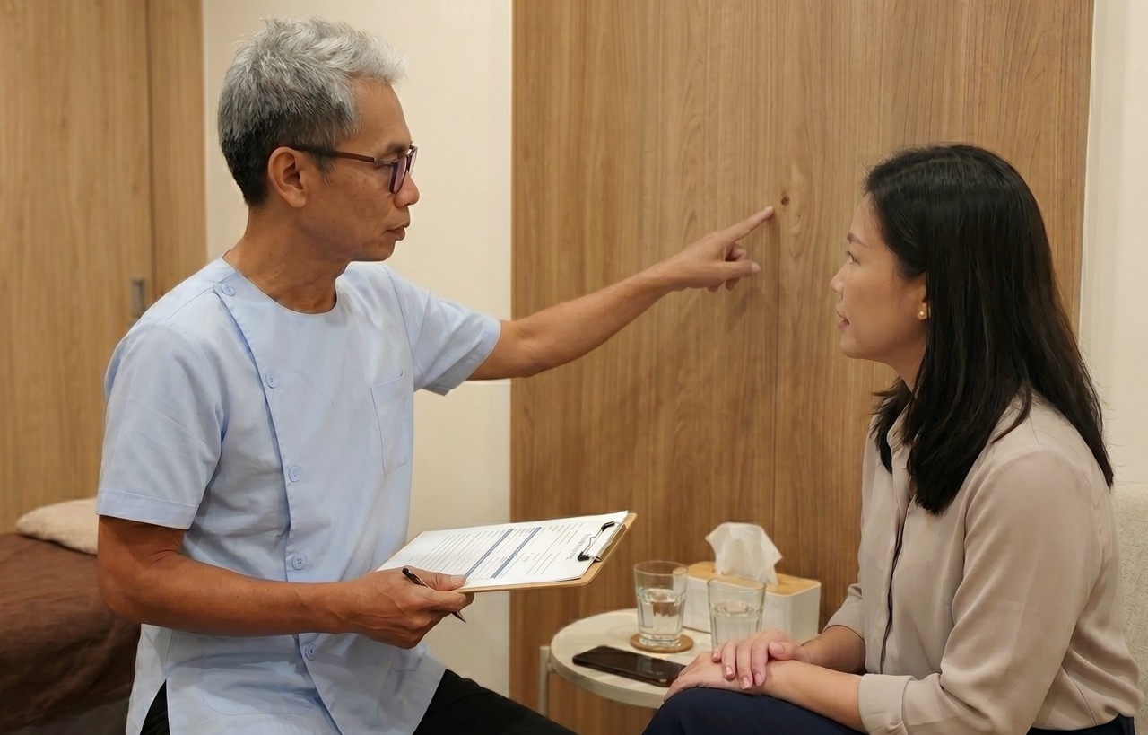 Pramuan consulting with a client before a session